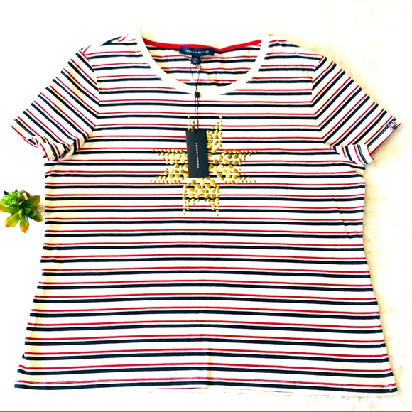 Tommy Hilfiger Blouse Casual Striped Short Sleeve - Picture 1 of 8